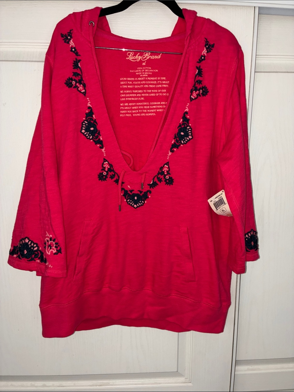 Lucky Brand Pink Embroidered Hoodie Top